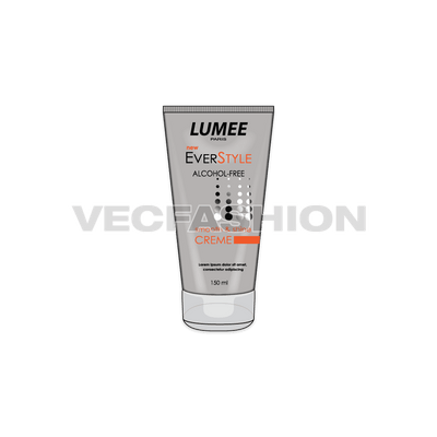 A vector template of Styling Cream Bottle. It is colored in Grey colored plastic bottle with graphics and information printed on it.