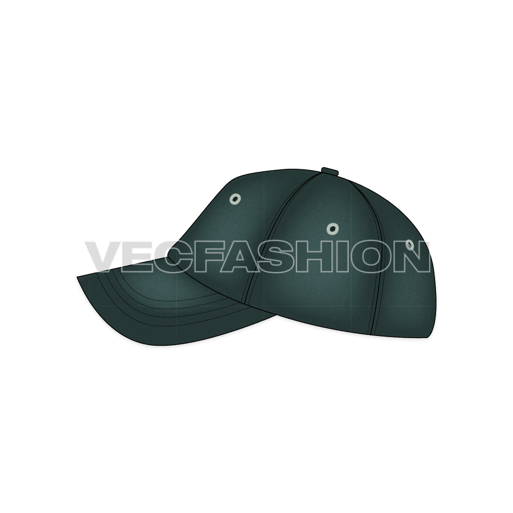 A vector illustrator template of Vintage Wash Baseball Cap. It is illustrated in four views showing all construction details.