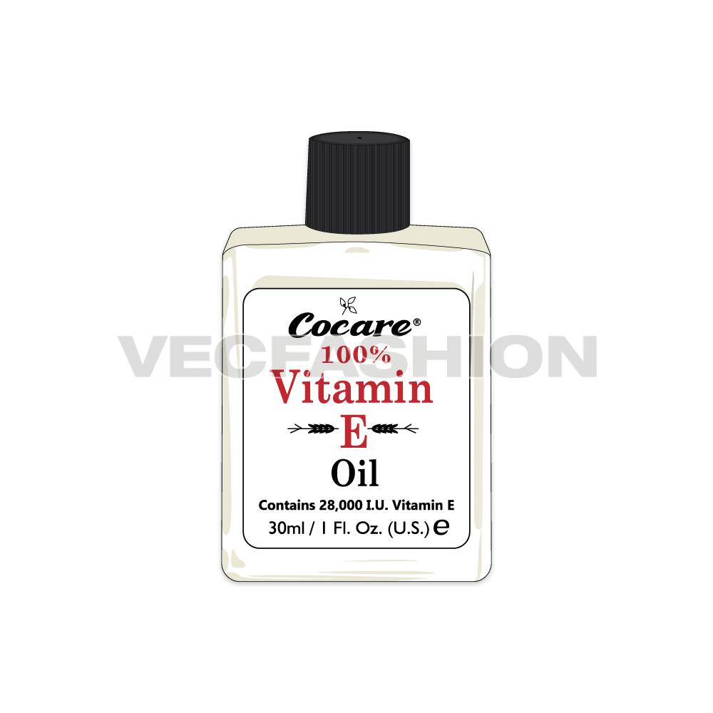 A vector template of Vitamin Oil Bottle. It is rendered for a glass made bottle with plastic cap on it. There is a printed self-adhesive label on front.