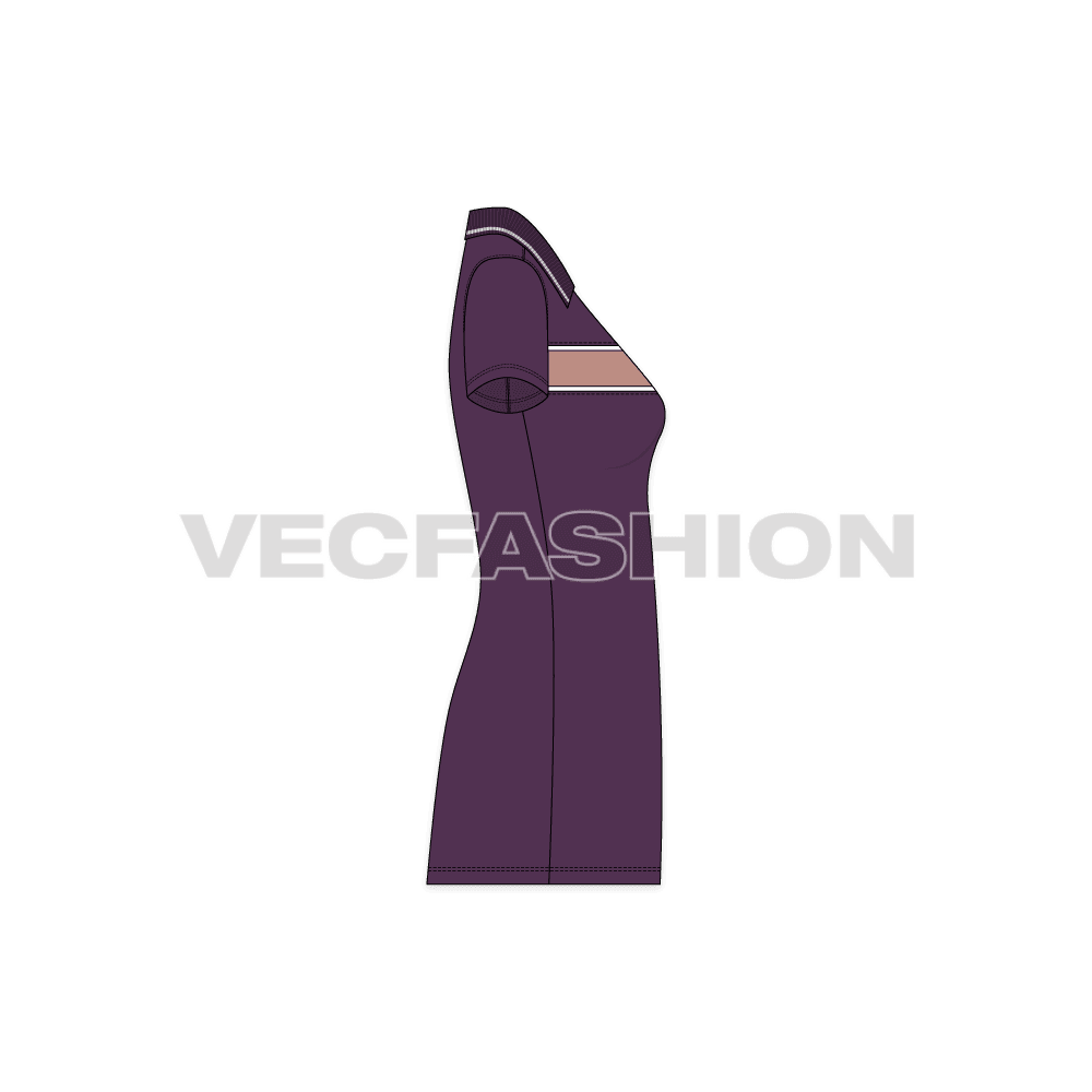 A vector illustrator clothing fashion template for Women's A line Polo Shirt Dress. It is rendered in purple color with cut n sew panel on chest with contrast colored piping. The collar is ribbed with button placket. 
