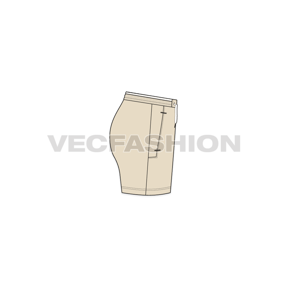 A vector fashion sketch template of Women's Active Wear Shorts. It is a straight fit shorts with tech waistband, gives a very comfortable fitting. There are straight cut pockets on sides with zippers for enclosure with contrast colored trims. 