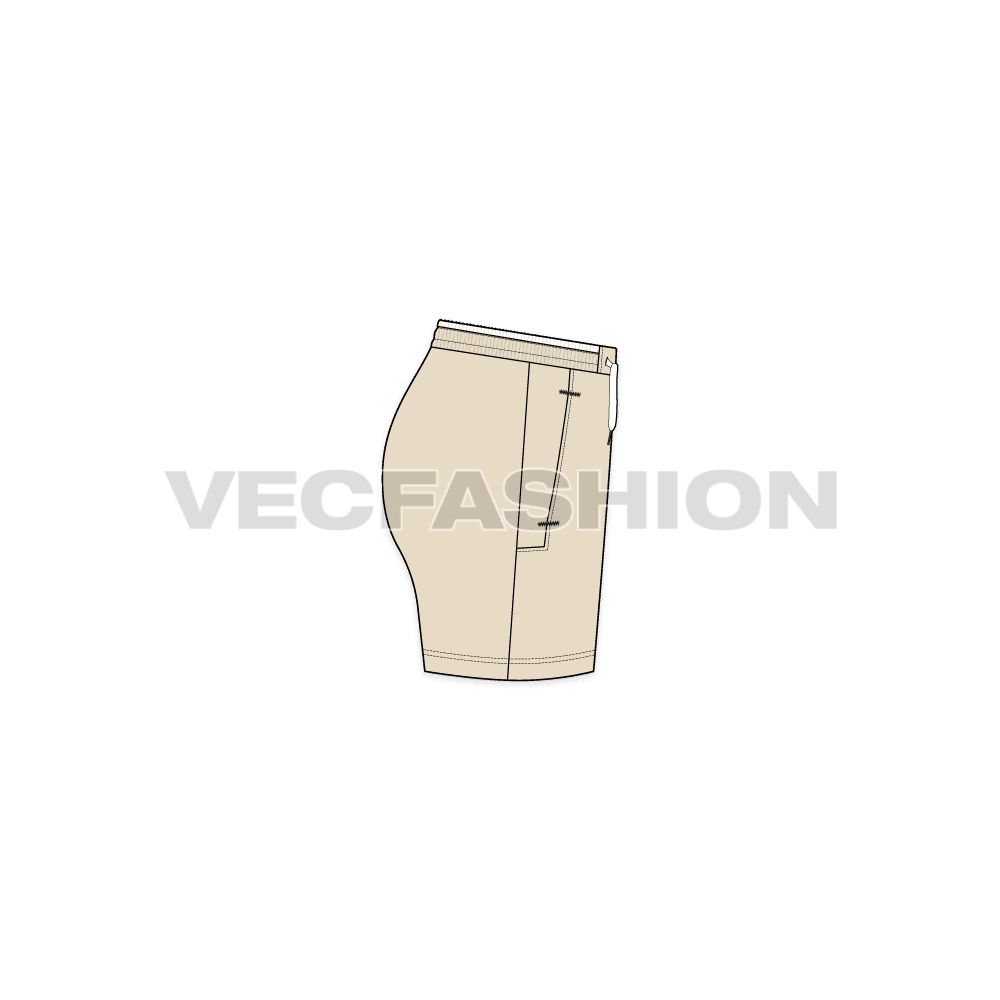 A vector fashion sketch template of Women's Active Wear Shorts. It is a straight fit shorts with tech waistband, gives a very comfortable fitting. There are straight cut pockets on sides with zippers for enclosure with contrast colored trims.