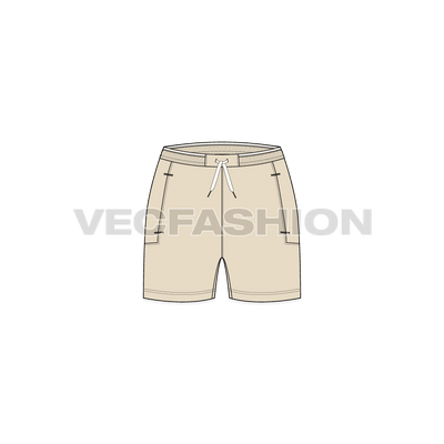 A vector fashion sketch template of Women's Active Wear Shorts. It is a straight fit shorts with tech waistband, gives a very comfortable fitting. There are straight cut pockets on sides with zippers for enclosure with contrast colored trims.