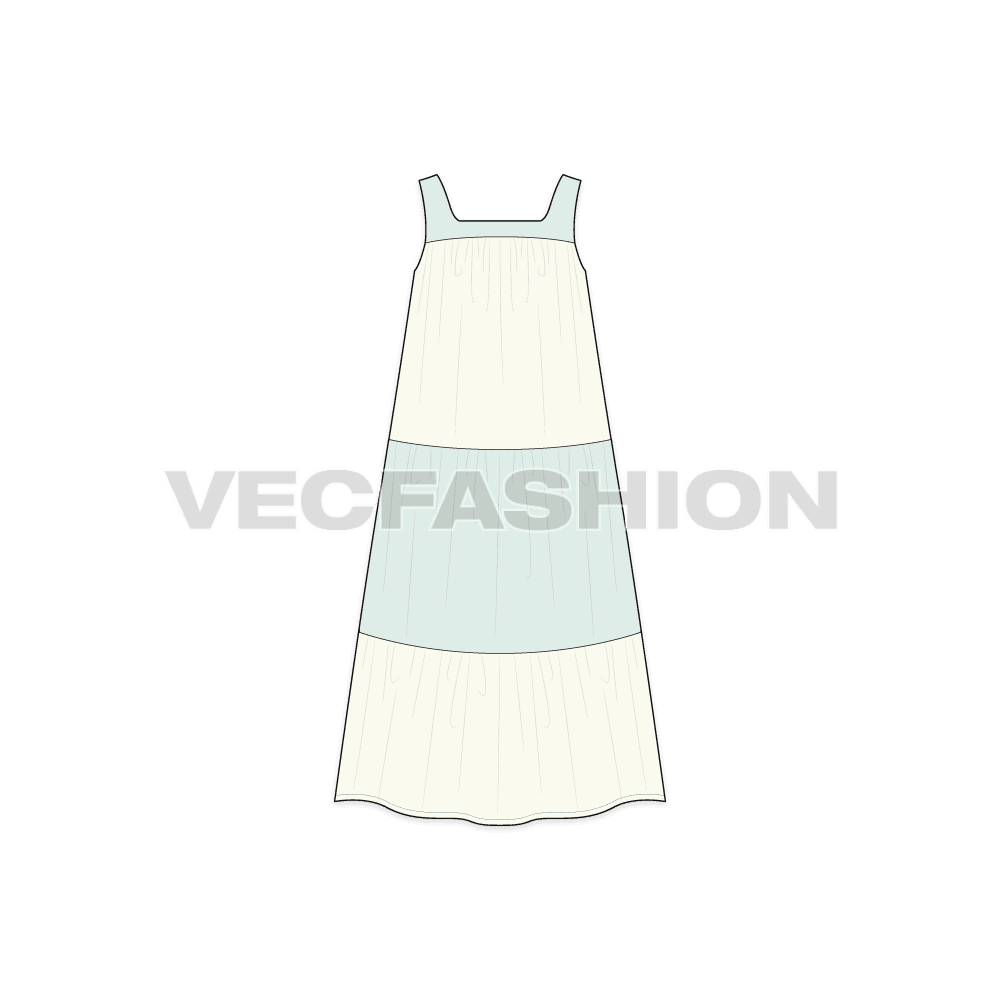 A vector template for Women Beach Midi Dress. It has yoke on top attached with shoulder straps. It has gathers starting from top edge and base of the front and back yokes.