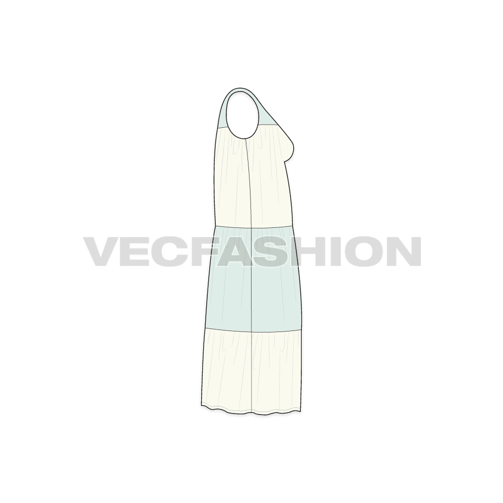 A vector template for Women Beach Midi Dress. It has yoke on top attached with shoulder straps. It has gathers starting from top edge and base of the front and back yokes.