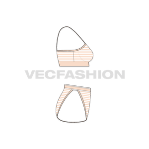 A vector fashion sketch template for Womens Beachwear Bikini Set. It is colored in striped fabric with straps on shoulder and around the waist of briefs