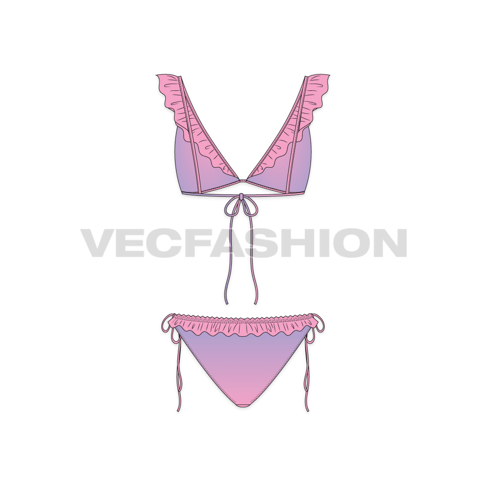 A vector template for Women's Beachwear Bikini Set. It is a two piece bikini set with shaded or two tone printed fabric. There is ruffles and tassels details at bikini and brief.