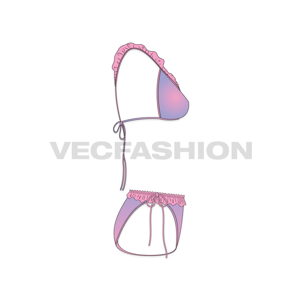 A vector template for Women's Beachwear Bikini Set. It is a two piece bikini set with shaded or two tone printed fabric. There is ruffles and tassels details at bikini and brief.