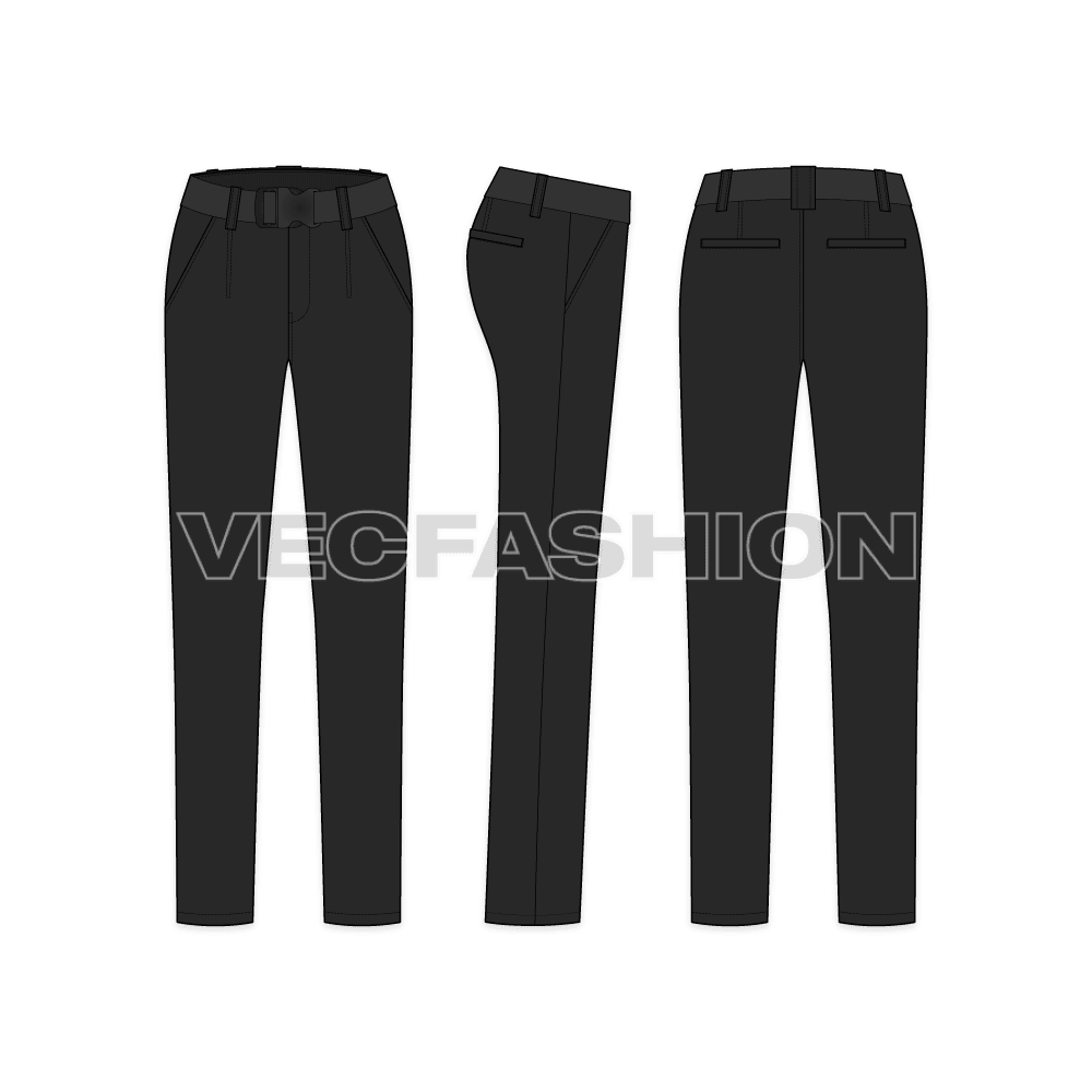 A vector fashion sketch for Women's Black Cotton Pants. It is a very stylish product sketch with a sleek cut on the legs. The waistband is a bit wide and have darts detailing. It comes with a belt with press buckle. 