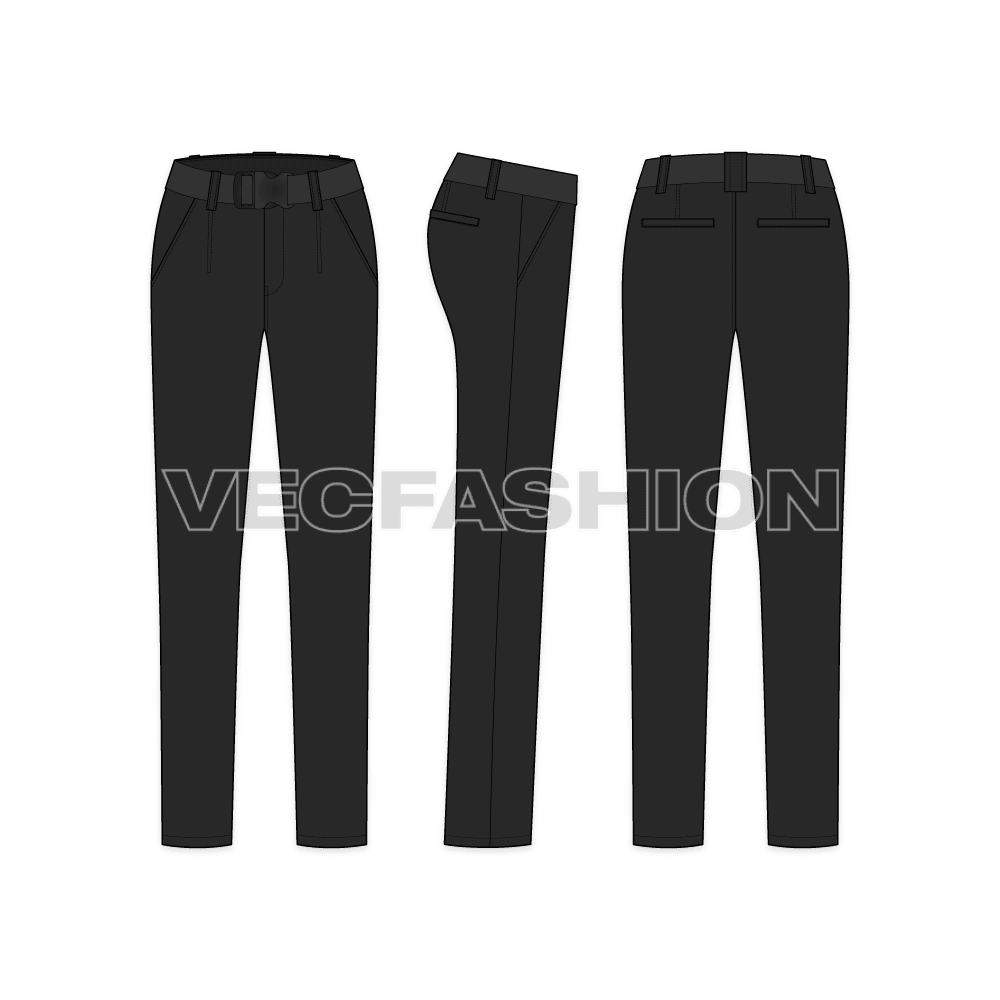 A vector fashion sketch for Women's Black Cotton Pants. It is a very stylish product sketch with a sleek cut on the legs. The waistband is a bit wide and have darts detailing. It comes with a belt with press buckle.