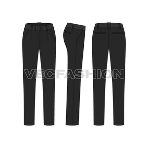 A vector fashion sketch for Women's Black Cotton Pants. It is a very stylish product sketch with a sleek cut on the legs. The waistband is a bit wide and have darts detailing. It comes with a belt with press buckle. 