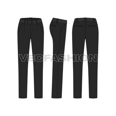 A vector fashion sketch for Women's Black Cotton Pants. It is a very stylish product sketch with a sleek cut on the legs. The waistband is a bit wide and have darts detailing. It comes with a belt with press buckle.