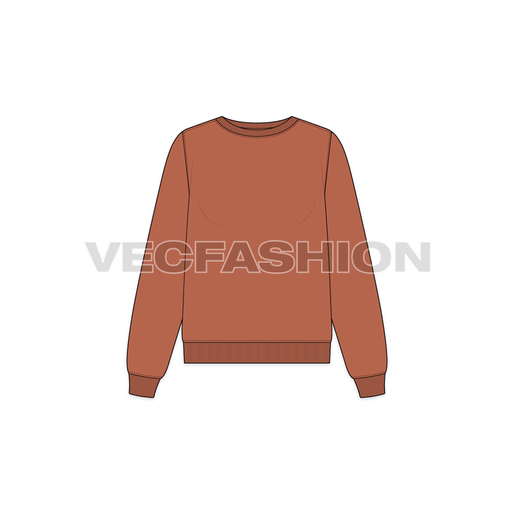 A vector illustrator sketch template of Women's Boat Neck Sweatshirt. It is illustrated with Front, Side and Back view. It has rib on neck, sleeve cuffs and bottom hem.