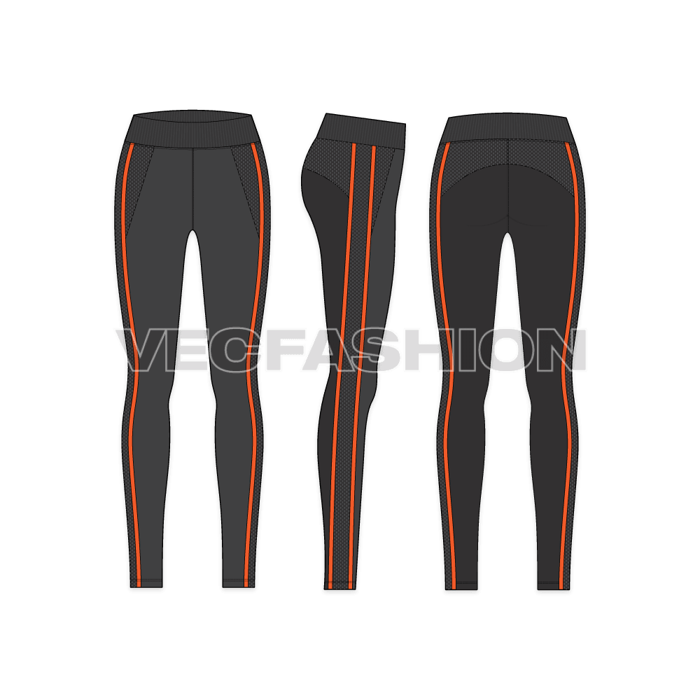 An elegant sporty design template for Women's Bodyfit Leggings. It has contrast stripes on sides, mesh panels and a card or cash slider pocket at the back of waistband.