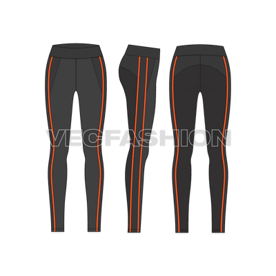 An elegant sporty design template for Women's Bodyfit Leggings. It has contrast stripes on sides, mesh panels and a card or cash slider pocket at the back of waistband.