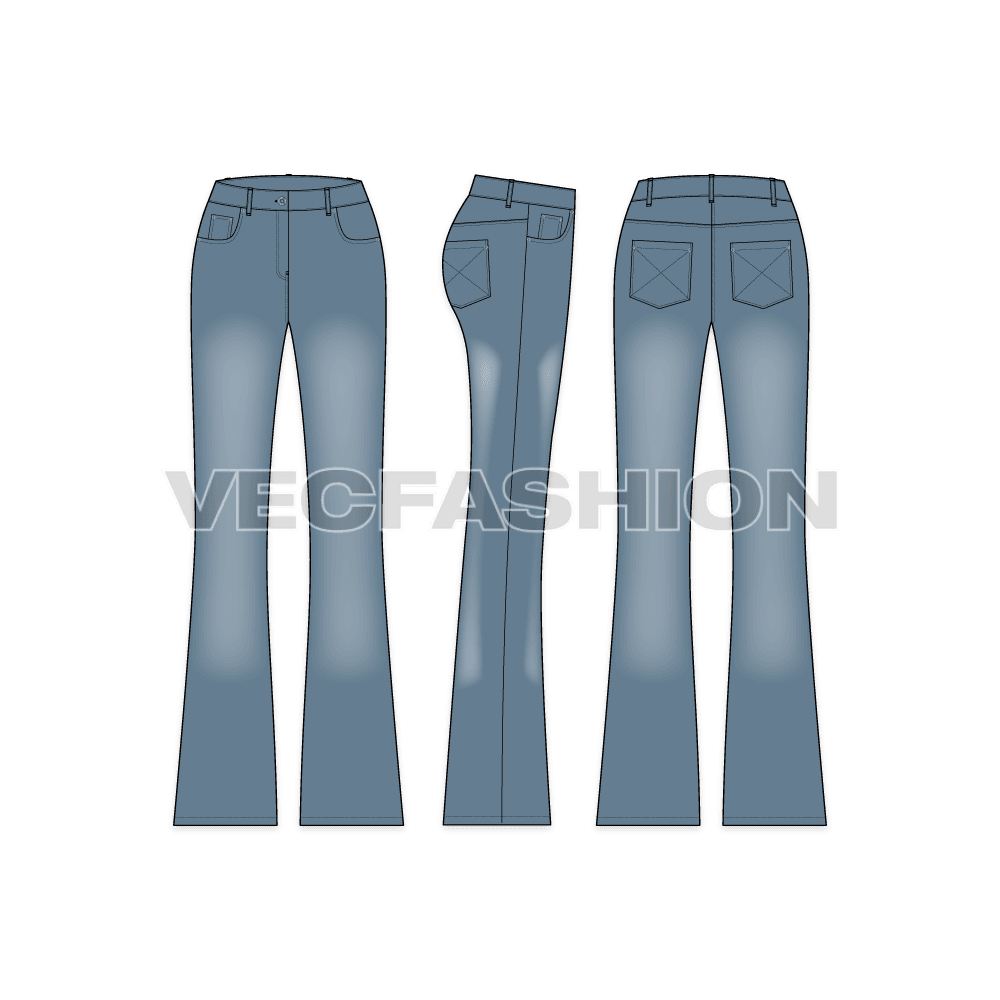 A vector illustrator fashion cad for Womens Boot Leg Denim Jeans. It has a washed denim look with other detailing like pockets, rivets and shank.