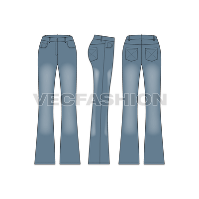 A vector illustrator fashion cad for Womens Boot Leg Denim Jeans. It has a washed denim look with other detailing like pockets, rivets and shank.
