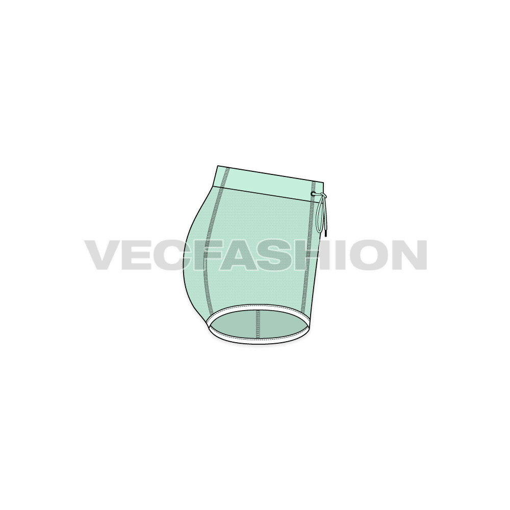 A vector fashion sketch template of Women's Booty Shorts. It has white colored waistband and micro dotted body fabric done through sublimation process. The shorts usually made out of compression material like Lycra/Spandex.