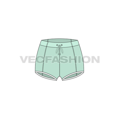 A vector fashion sketch template of Women's Booty Shorts. It has white colored waistband and micro dotted body fabric done through sublimation process. The shorts usually made out of compression material like Lycra/Spandex.