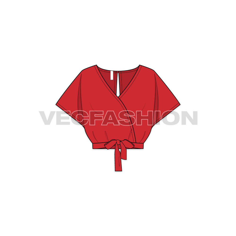 A vector template for Women's Bow Tie Cropped Blouse. It is a very stylish top with overlapping front and a bow tie at the back.
