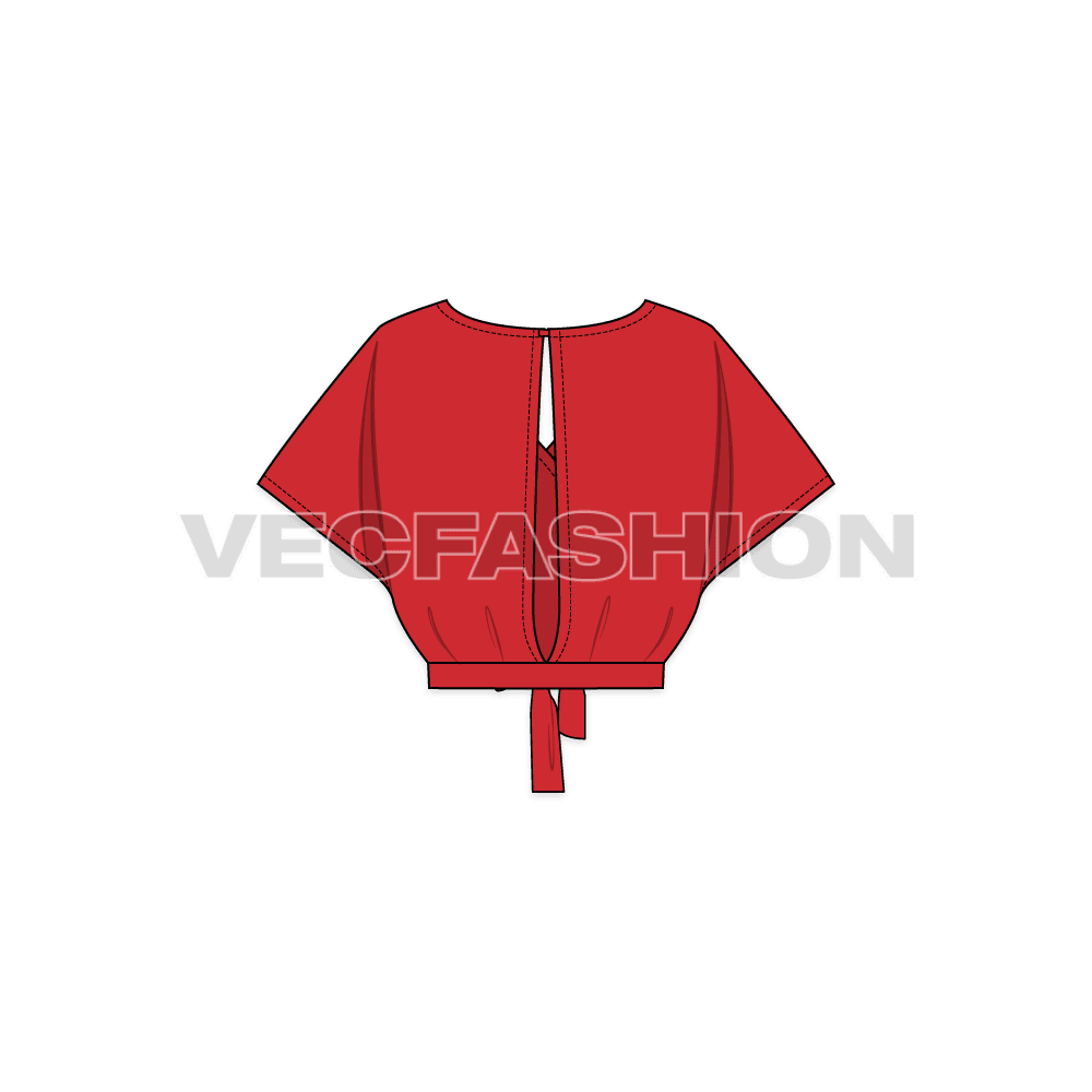 A vector template for Women's Bow Tie Cropped Blouse. It is a very stylish top with overlapping front and a bow tie at the back.