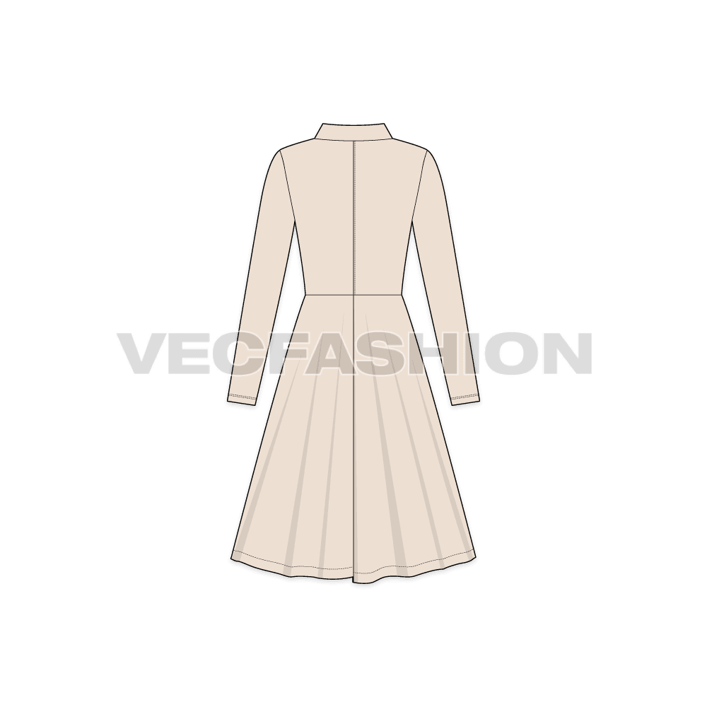 A vector template for Women's Bridesmaid Party Dress. It has a deep neckline with band collar, slim straight sleeves and flared skirt.
