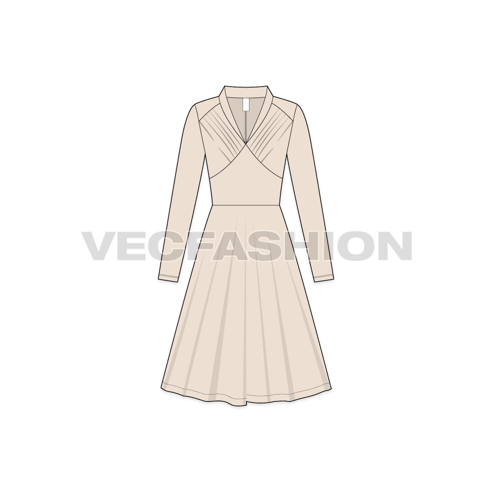 A vector template for Women's Bridesmaid Party Dress. It has a deep neckline with band collar, slim straight sleeves and flared skirt.