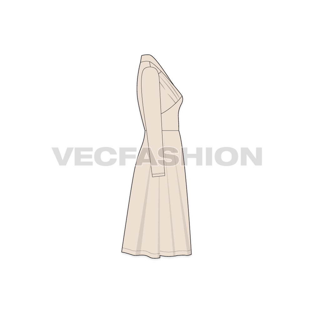 A vector template for Women's Bridesmaid Party Dress. It has a deep neckline with band collar, slim straight sleeves and flared skirt.
