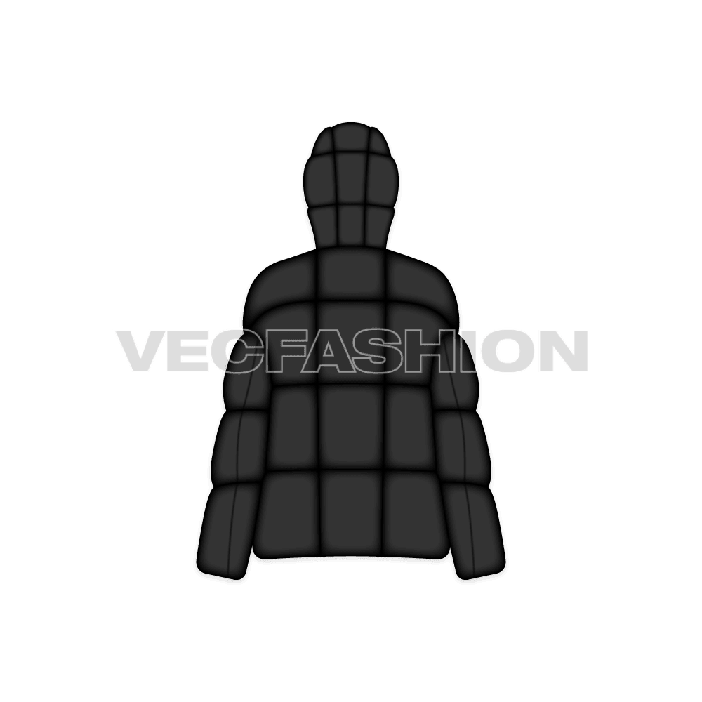 A vector template for Women's Bubble Jacket. It has thick layers of insulation and have detachable hood. A very luxury style hooded puffer jacket and have pockets on sides.
