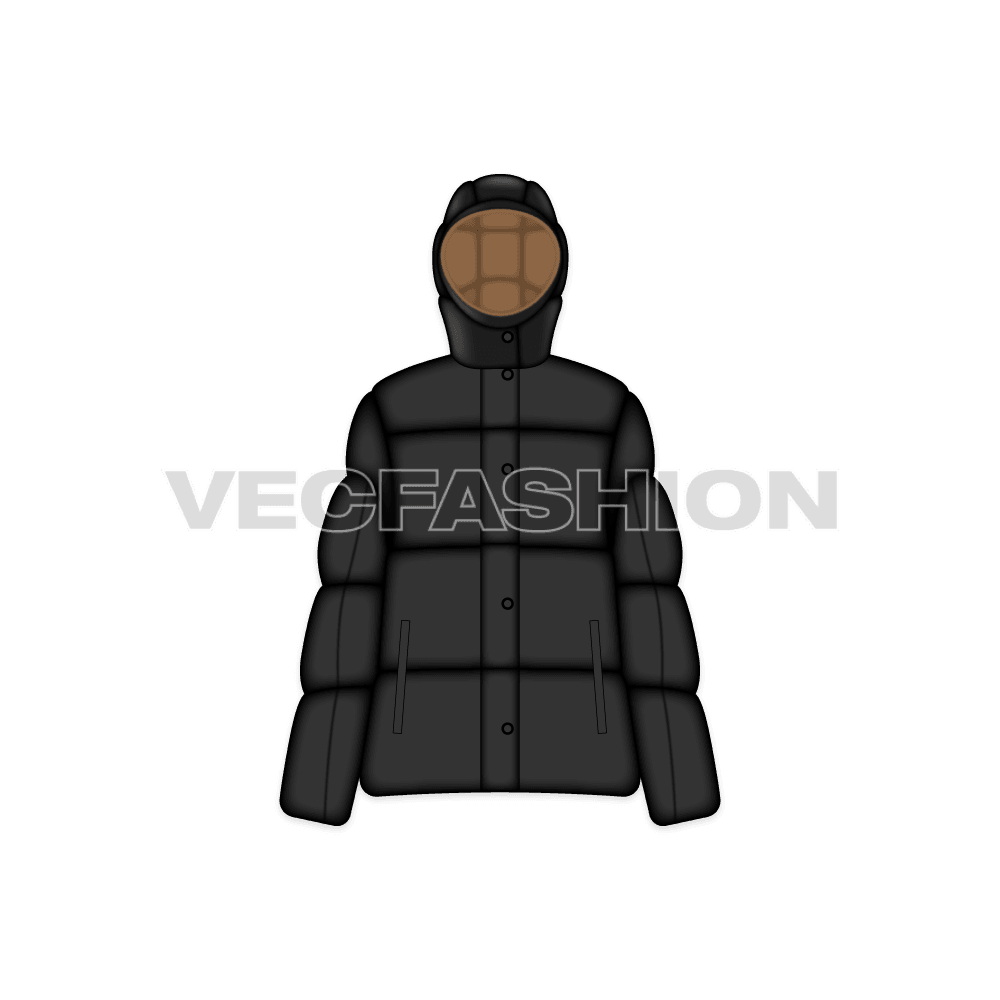 A vector template for Women's Bubble Jacket. It has thick layers of insulation and have detachable hood. A very luxury style hooded puffer jacket and have pockets on sides.
