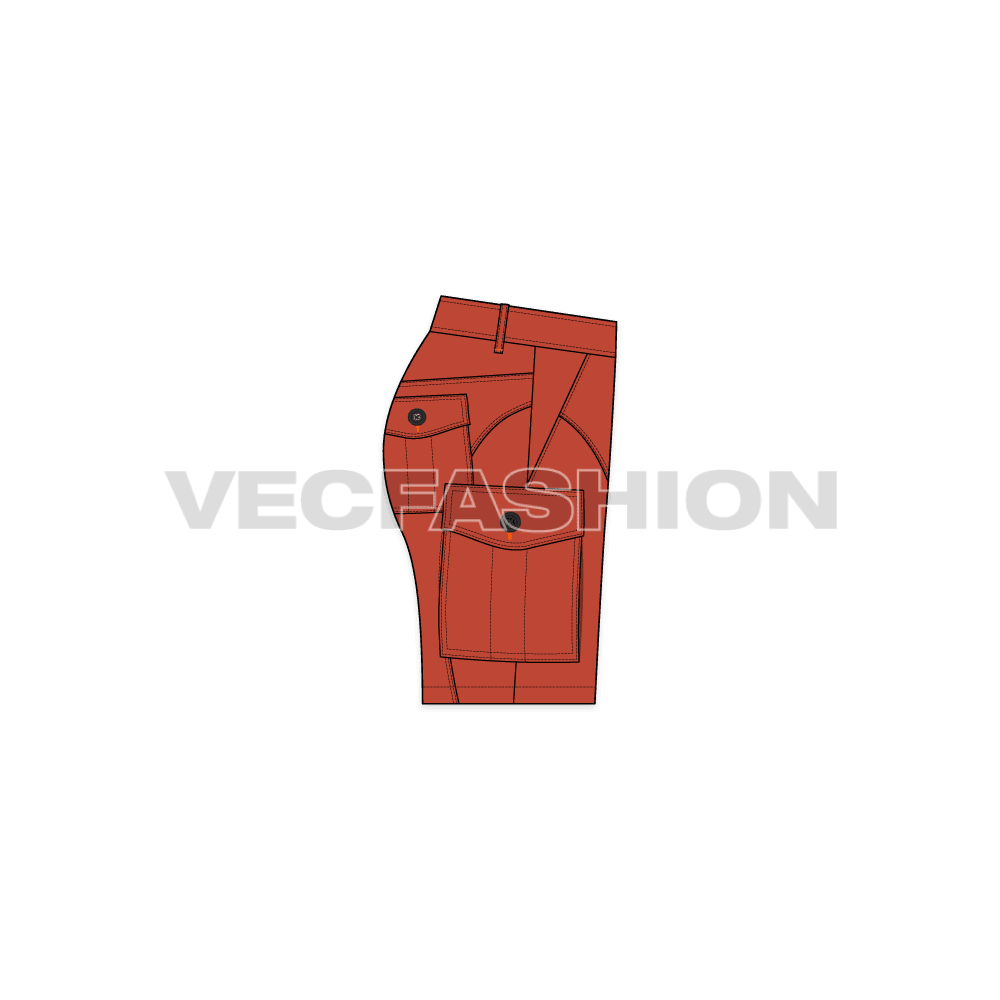 This is a detailed vector template for Women's Cargo Shorts in Burnt Orange Color. This template is added with two large Box Pockets on sides, two on back and one small box pocket on front leg.