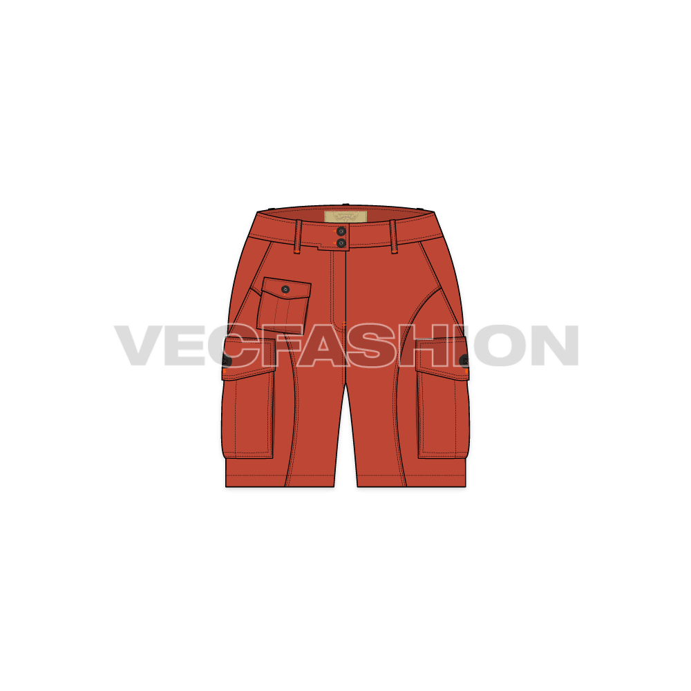 This is a detailed vector template for Women's Cargo Shorts in Burnt Orange Color. This template is added with two large Box Pockets on sides, two on back and one small box pocket on front leg.