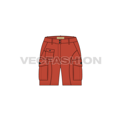 This is a detailed vector template for Women's Cargo Shorts in Burnt Orange Color. This template is added with two large Box Pockets on sides, two on back and one small box pocket on front leg.