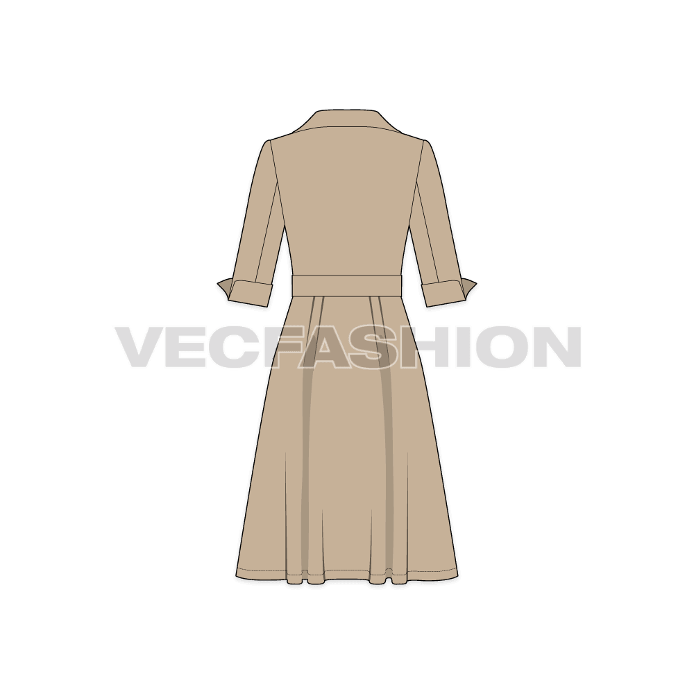 A vector template for Women's Business Coat Dress. It has buttons on front with a belt on waist. The sleeves are till elbow length and it has a coat collar.