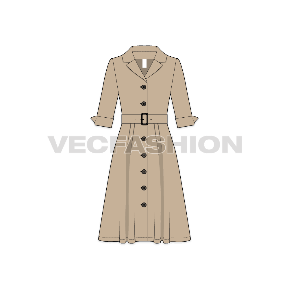 A vector template for Women's Business Coat Dress. It has buttons on front with a belt on waist. The sleeves are till elbow length and it has a coat collar.