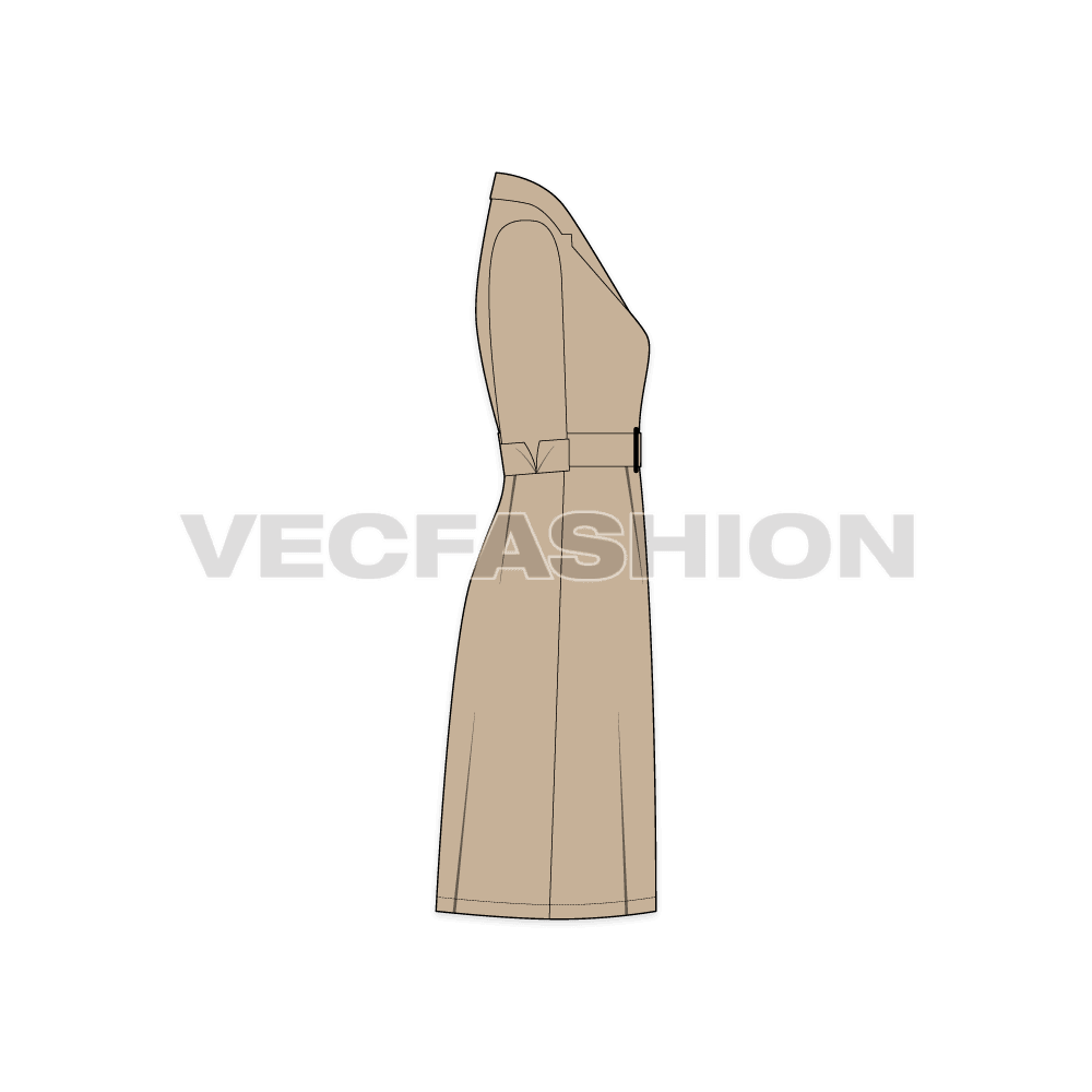 A vector template for Women's Business Coat Dress. It has buttons on front with a belt on waist. The sleeves are till elbow length and it has a coat collar.