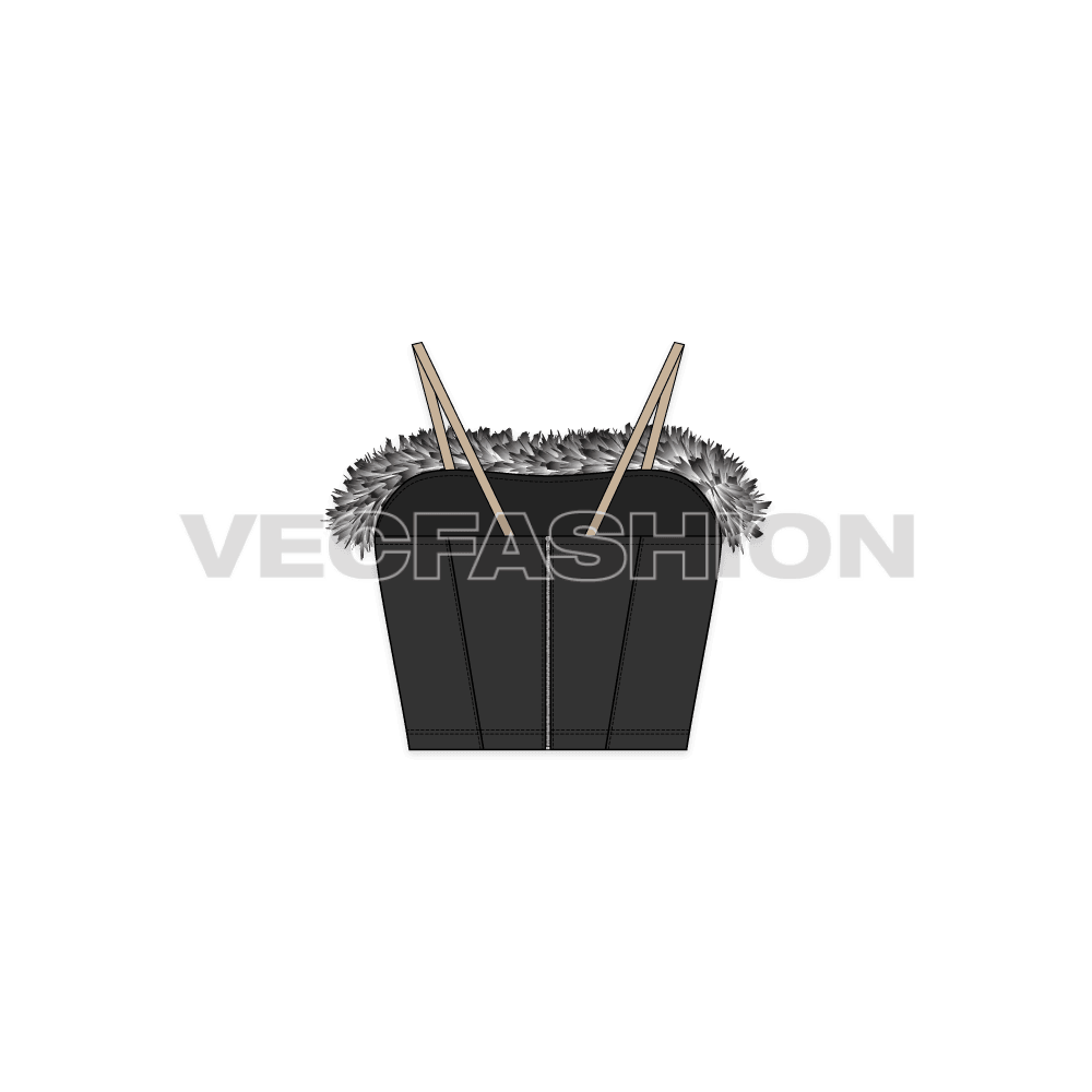 A vector template of Women's Bustier Crop Top. It has fitted corset usually made in leather with thick fur around the top edge. The spaghetti straps are in nude color.