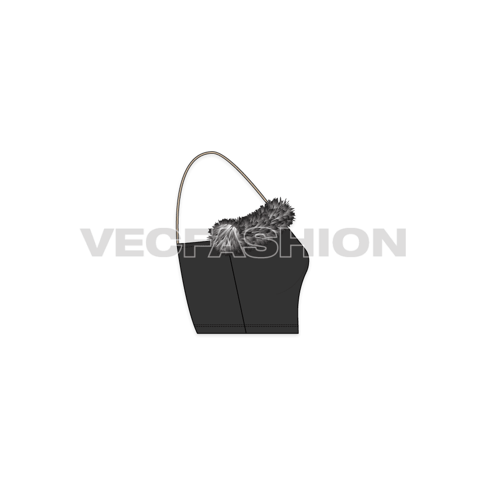 A vector template of Women's Bustier Crop Top. It has fitted corset usually made in leather with thick fur around the top edge. The spaghetti straps are in nude color.