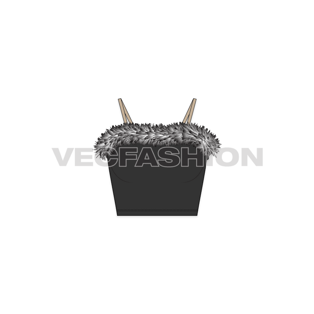 A vector template of Women's Bustier Crop Top. It has fitted corset usually made in leather with thick fur around the top edge. The spaghetti straps are in nude color.