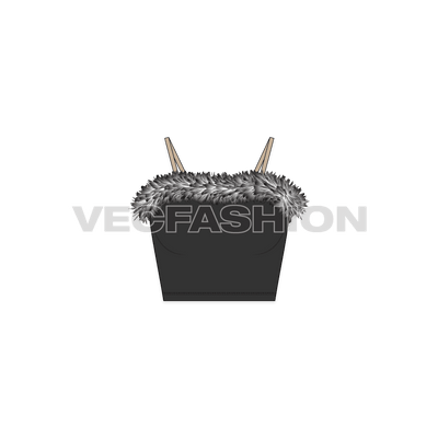 A vector template of Women's Bustier Crop Top. It has fitted corset usually made in leather with thick fur around the top edge. The spaghetti straps are in nude color.