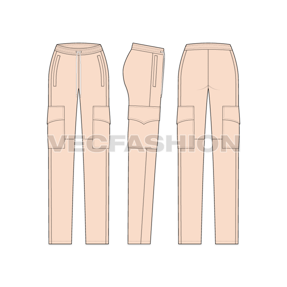 A vector fashion sketch for Women's Cargo Pajamas. It is a casual pants made out of French Terry best for Fall Season. It has pocket detailing on sides with long drawstrings. There are two welt pockets on sides.