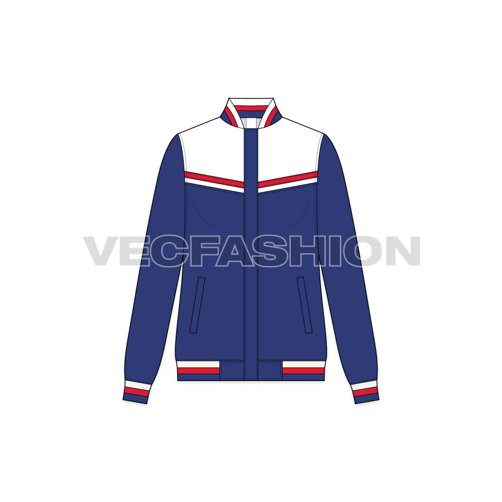 A vector illustrator template of Women's Casual Jacket. It as V shape panels on front and 3 colored stripe cuffs on sleeves and bottom hems. 