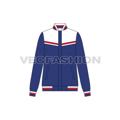A vector illustrator template of Women's Casual Jacket. It as V shape panels on front and 3 colored stripe cuffs on sleeves and bottom hems.