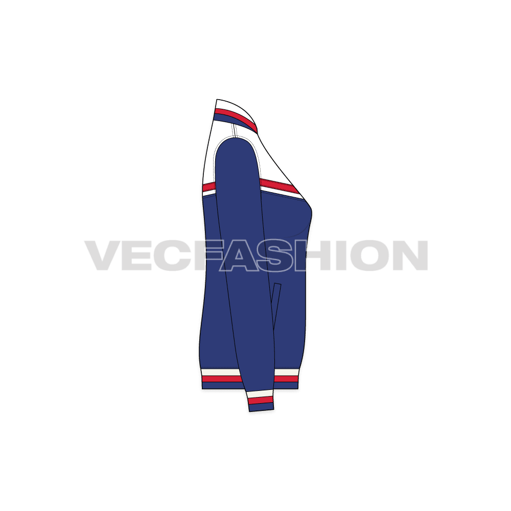 A vector illustrator template of Women's Casual Jacket. It as V shape panels on front and 3 colored stripe cuffs on sleeves and bottom hems.
