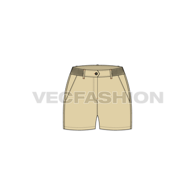 A Women's Casual Shorts in Khaki Colored fabric with partial elastic on waist band. Box Pockets on the with Box Pleat to create more room for the Pocket. These pockets are commonly found on apparels like Cargo Pants and Field Jackets. Bar Tack on Loops and Plastic Button on Center Front Waist.