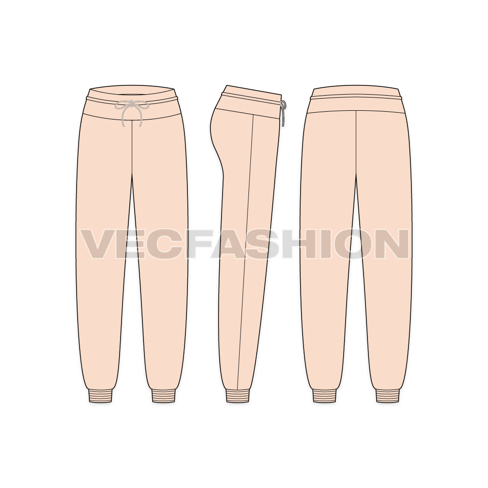 A vector template for Women's Casual Pajama. It has a big waistband with drawstrings and a gathered cuff at the bottom.