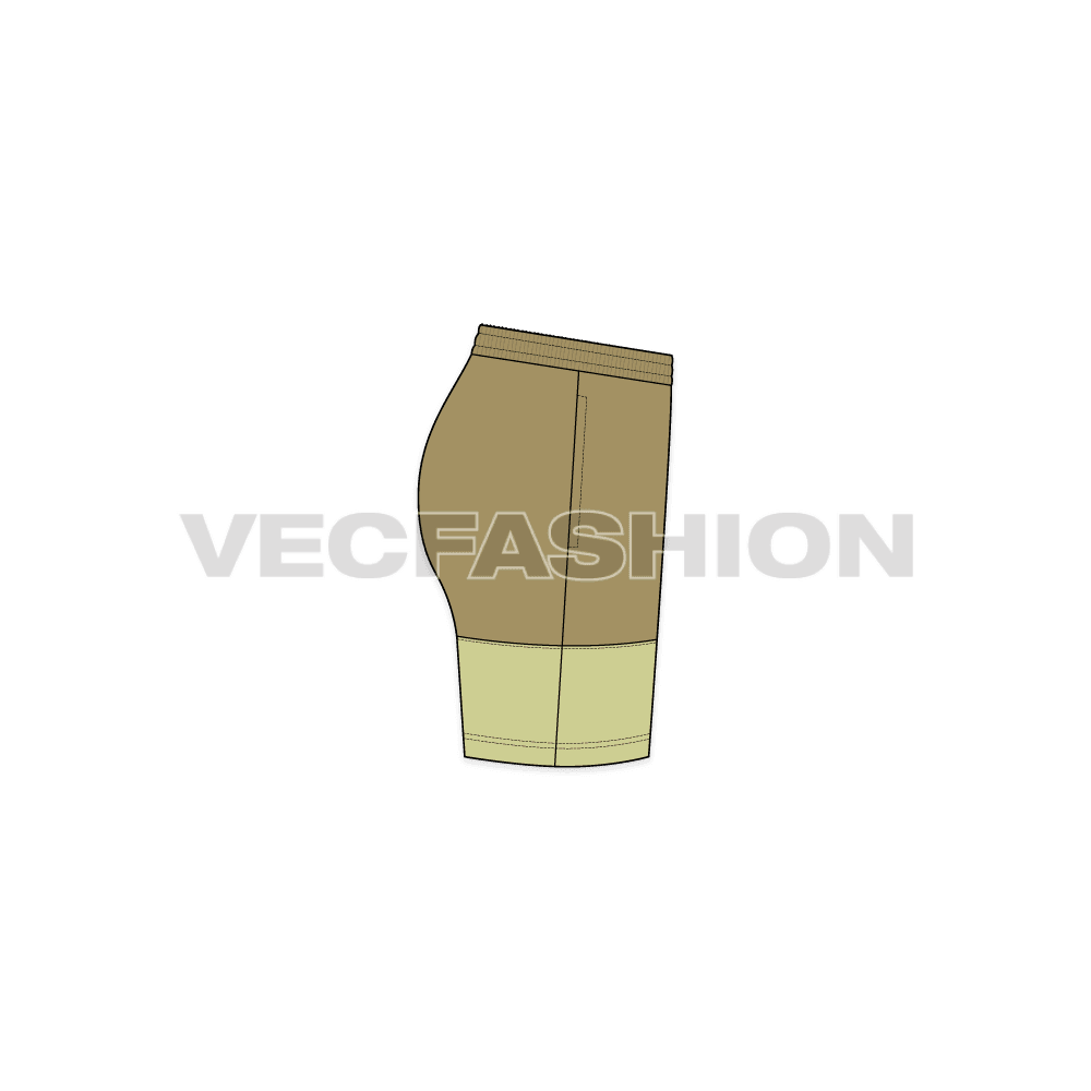 A vector fashion sketch for Women's Sport Shorts. It has a cut n sew panel with contrast color at the bottom. It has an elasticated waistband with side pockets on the side seam.