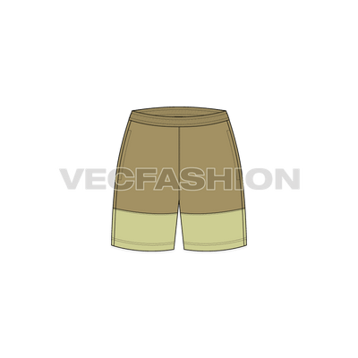 A vector fashion sketch for Women's Sport Shorts. It has a cut n sew panel with contrast color at the bottom. It has an elasticated waistband with side pockets on the side seam.