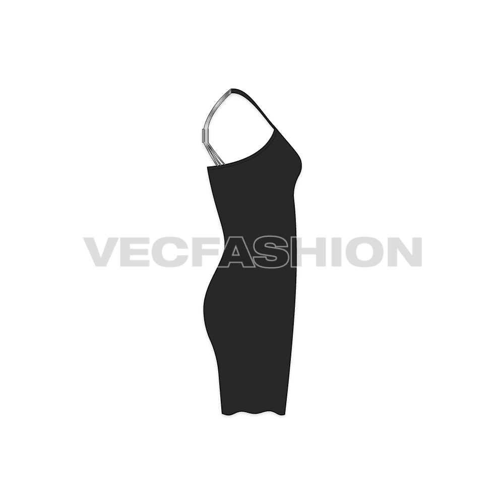 A Women's Classic Black Cocktail Dress Vector Template with Star Studs on front and Metallic Straps for back lifting. The front have gathers at bust level and a cut panel at waist level. The length of the dress is till knee level and flare out below the hip level. This can be made in Silk, Pure Chiffon or Satin, flowing fabric will help making the bottom look.