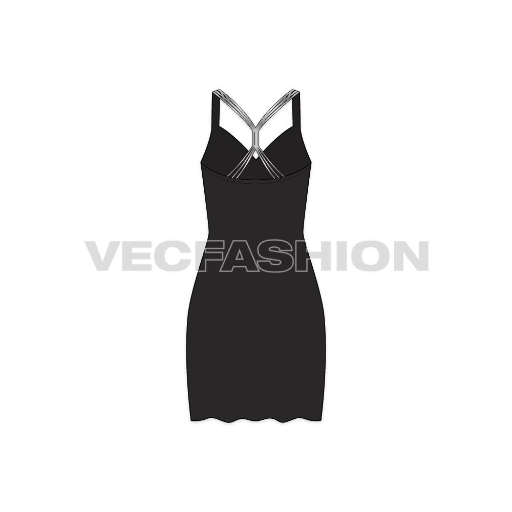 A Women's Classic Black Cocktail Dress Vector Template with Star Studs on front and Metallic Straps for back lifting. The front have gathers at bust level and a cut panel at waist level. The length of the dress is till knee level and flare out below the hip level. This can be made in Silk, Pure Chiffon or Satin, flowing fabric will help making the bottom look.